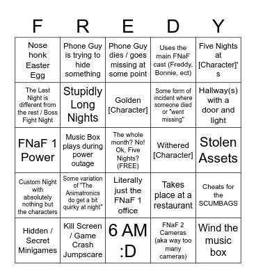 FNaF Fangame Bingo Card