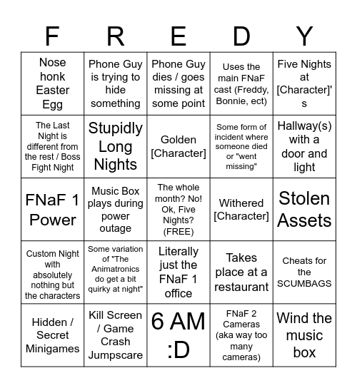 FNaF Fangame Bingo Card