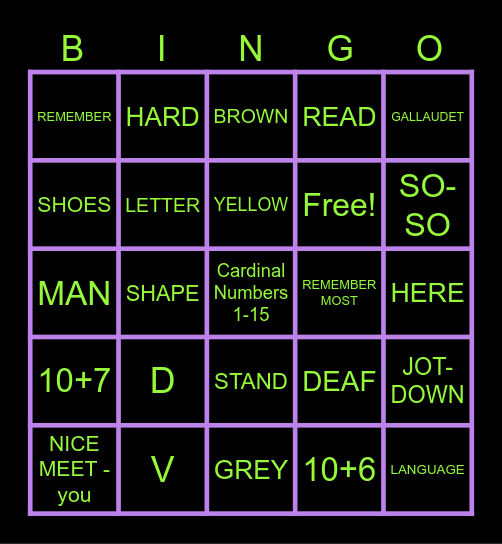 ASL 1 Unit 2 Bingo Card