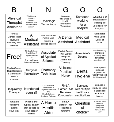 Health Science Career Fair Bingo Card