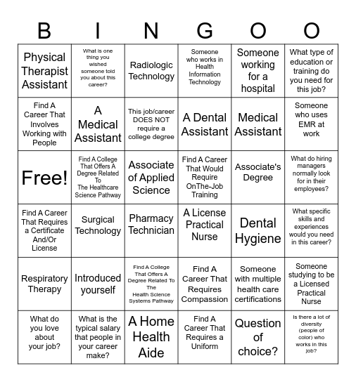 Health Science Career Fair Bingo Card