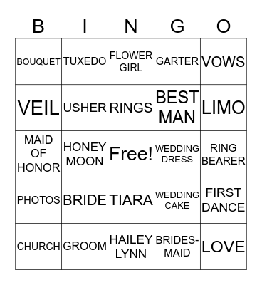 Bridal Bingo Card