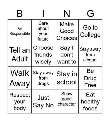 Be Drug Free Bingo Card