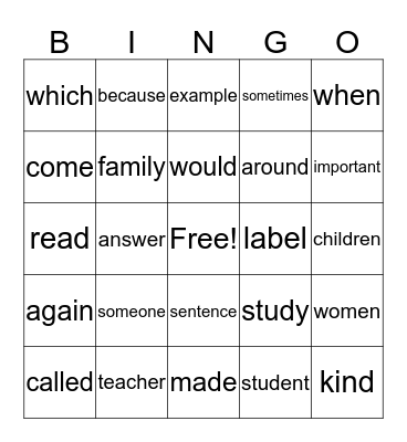 Sight Words Bingo Card