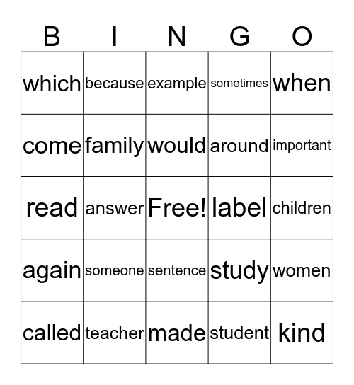 Sight Words Bingo Card