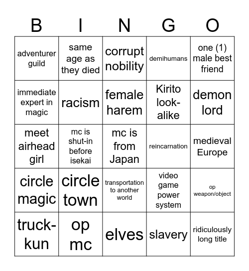 Isekai Bingo Card