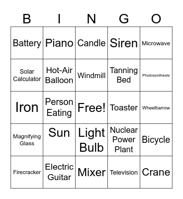 Energy Transformations Bingo Card