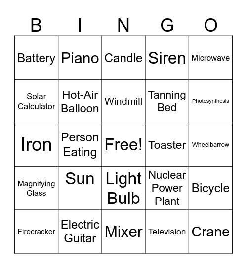 Energy Transformations Bingo Card