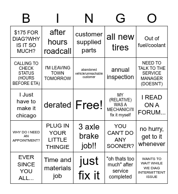 Dealer Service Advisor Bingo Card