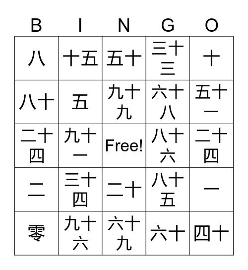 Number bingo Card