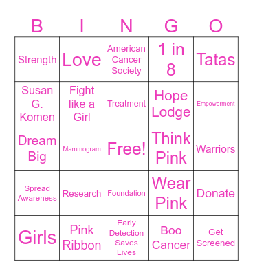 Breast Cancer Awareness Month Bingo Card