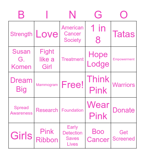 Breast Cancer Awareness Month Bingo Card