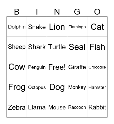 ASL Animals Bingo Card