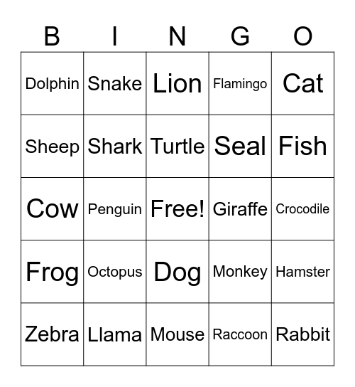 ASL Animals Bingo Card