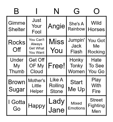 Rolling Stones Bingo Card