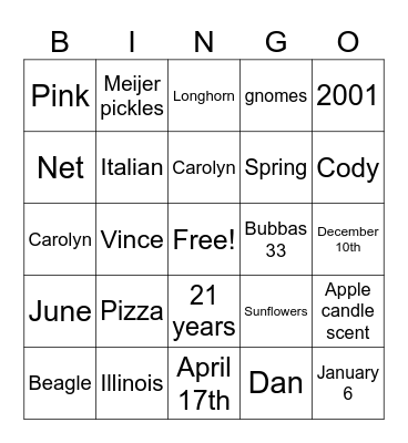 Jeanette #2 BINGO! Bingo Card