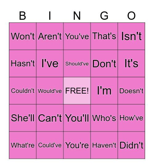 Contractions Bingo Card