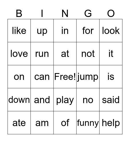 Sight Words Bingo Card