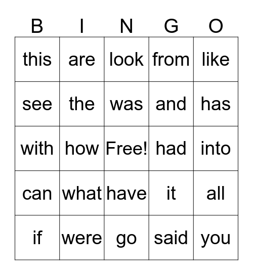 Sets 1, 2 & 3 Bingo Card