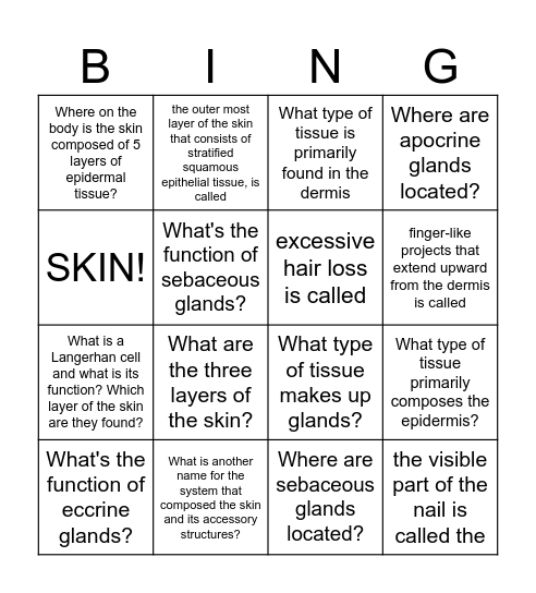 integumentary system Bingo Card