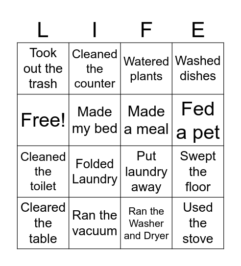 Life Skills Bingo Card