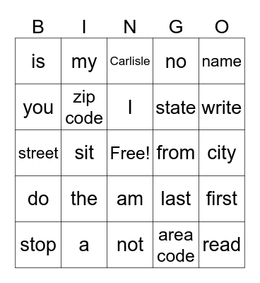 My words Bingo Card