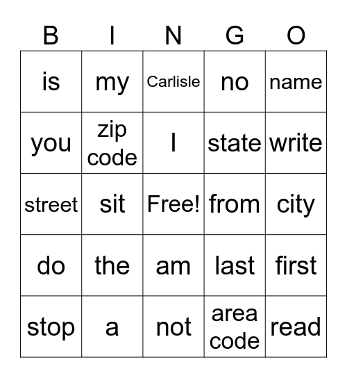 My words Bingo Card