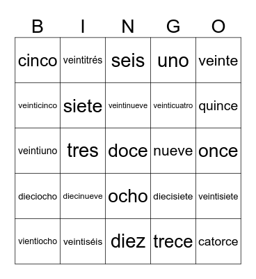 Los Números 0-30 Bingo Card