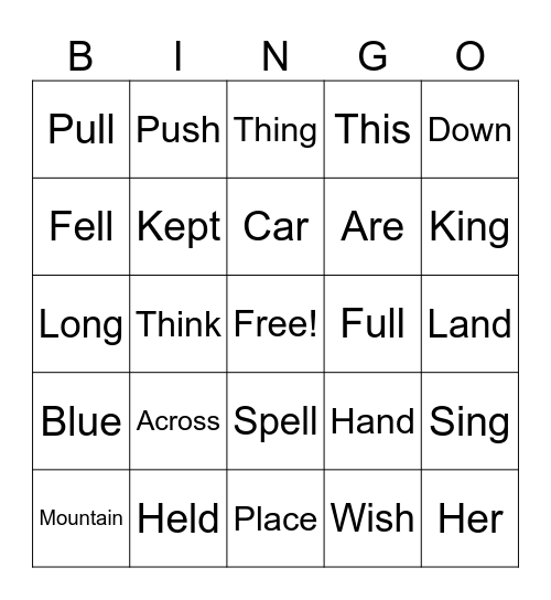 High Frequency Word Bingo Card