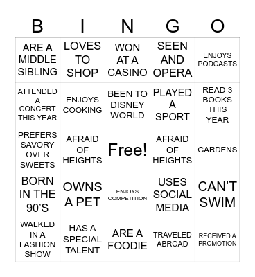 Getting To Know You Bingo Card