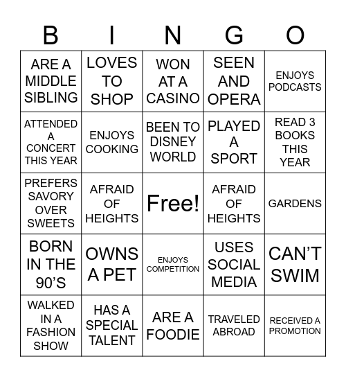 Getting To Know You Bingo Card