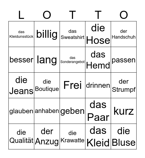 Deutsch 7a Bingo Card