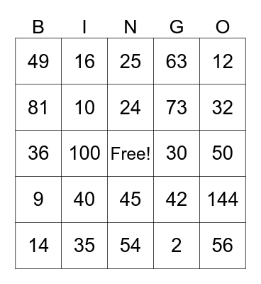 Multiplication Bingo Card