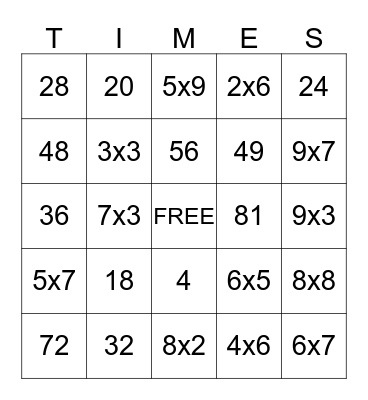Multiplication Practice Bingo Card