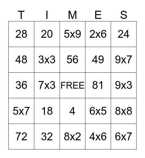 Multiplication Practice Bingo Card