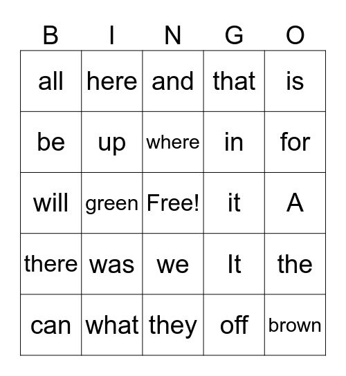 Sight Word Bingo Card