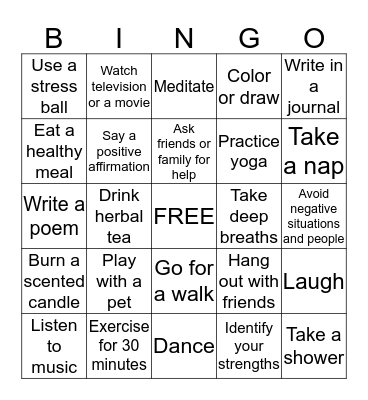 Coping Skills Bingo Card