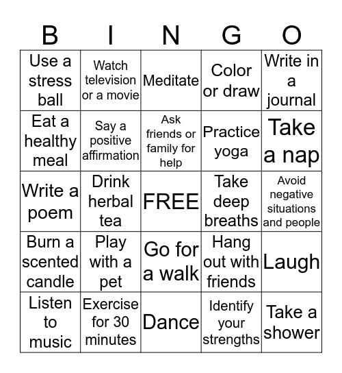 Coping Skills Bingo Card