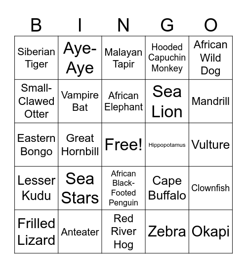 Denver Zoo Bingo Card