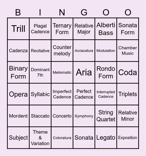 Higher Classical Bingo Card