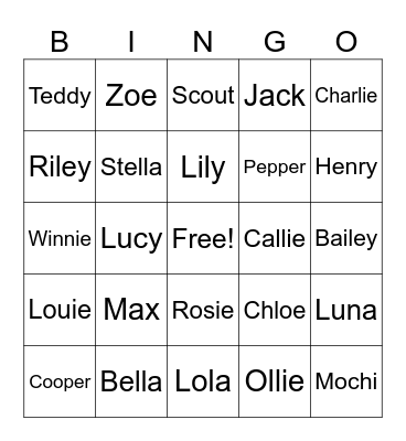 Pet Name Bingo Card