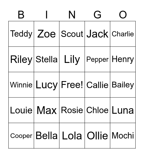 Pet Name Bingo Card