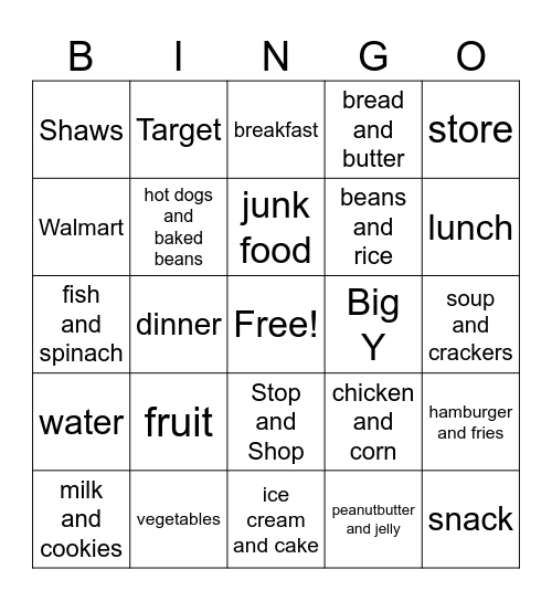 food Bingo Card