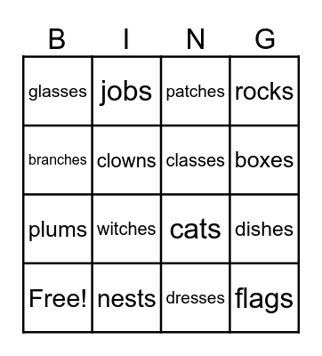 Plural Words with -s or -es Bingo Card