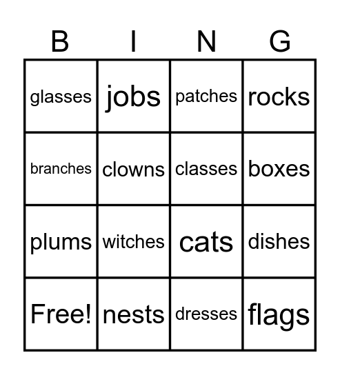 Plural Words with -s or -es Bingo Card