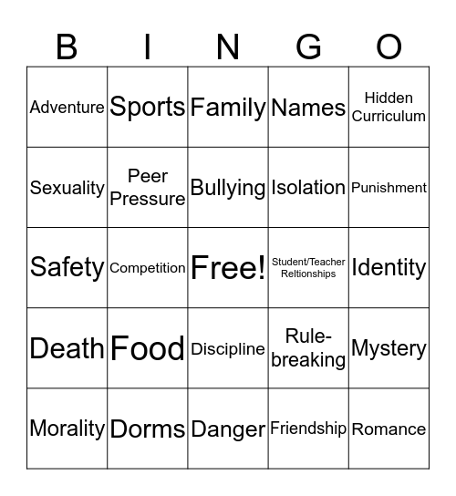 Boarding School Conventions! Bingo Card
