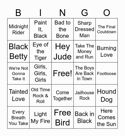 Rock and Roll Singo Bingo Card