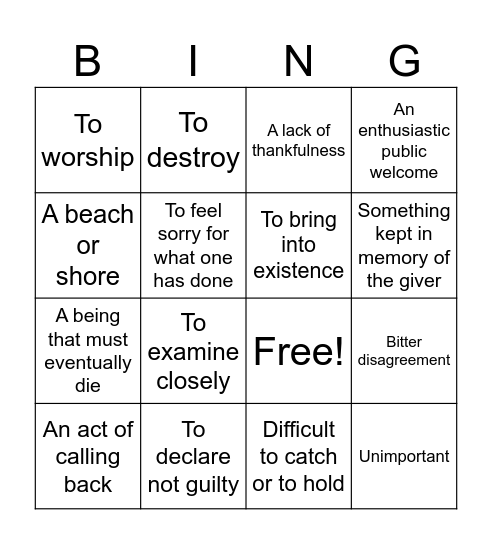 Unit 4 Vocabulary Bingo Card