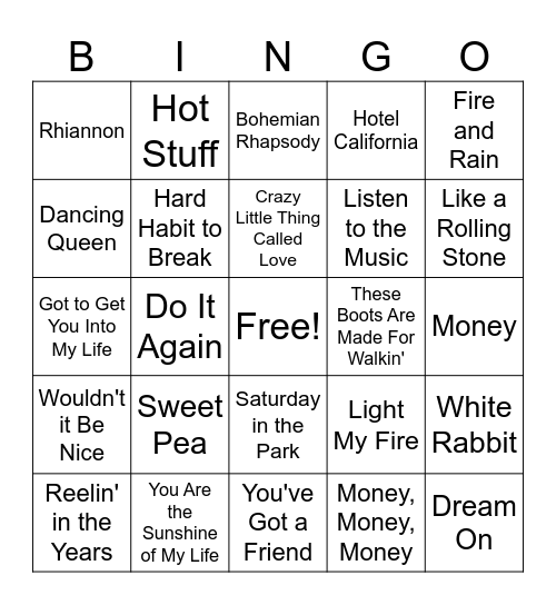 60's/70's Bingo Card