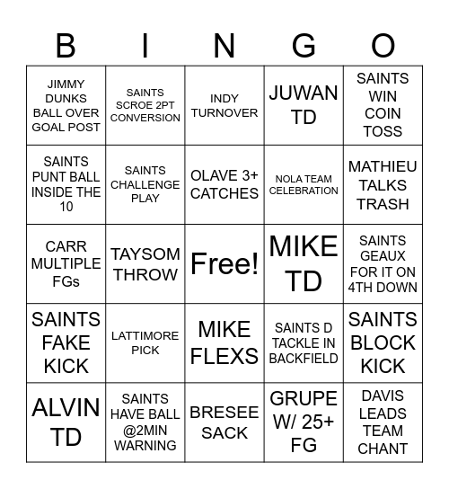 Saints V Colts Bingo Card